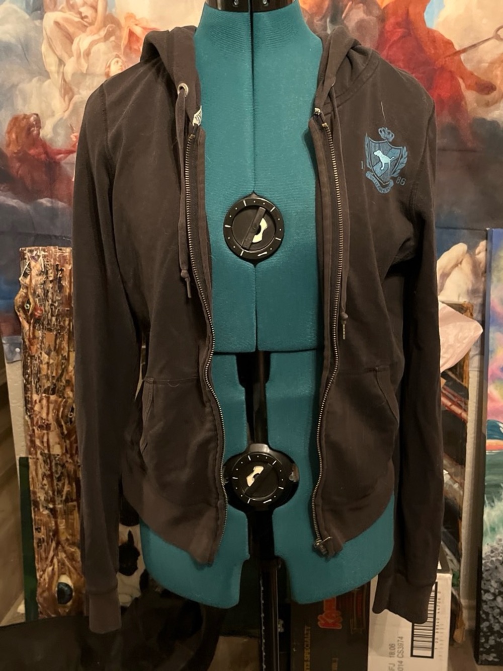 PINK Victoria's Secret Black Hooded Zip-Up Jacket with Blue Crest